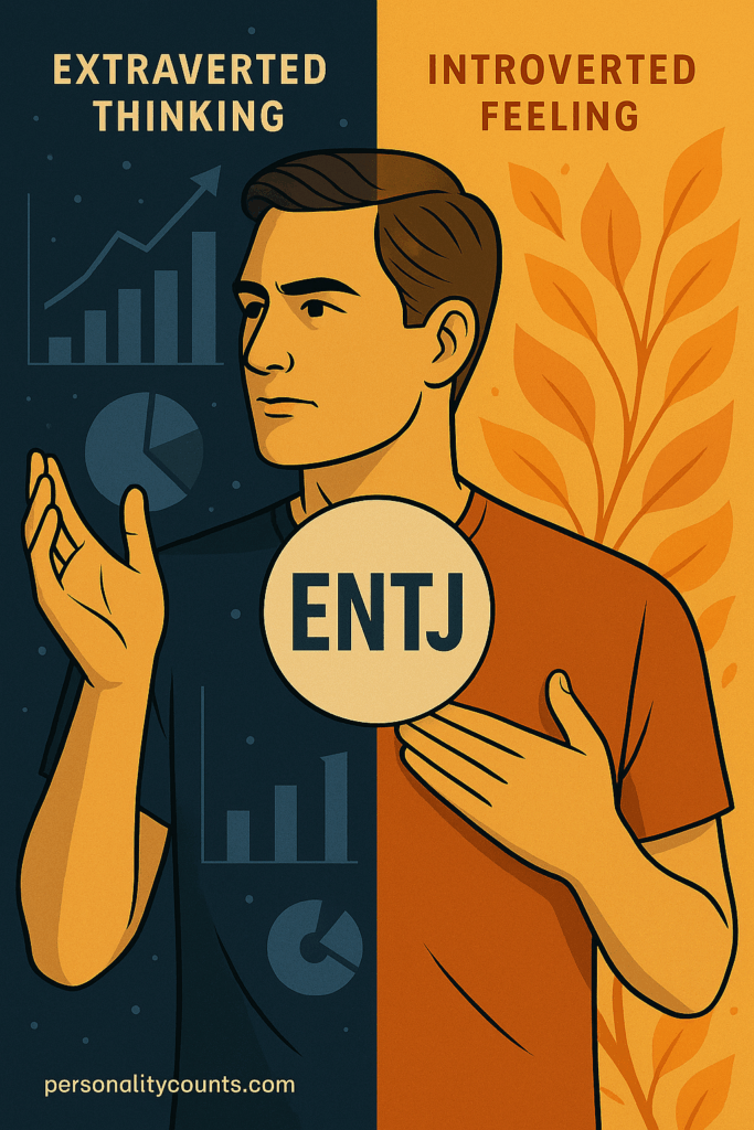 Illustration of an ENTJ personality split between structured Extraverted Thinking and reflective Introverted Feeling, symbolizing polarity and growth.