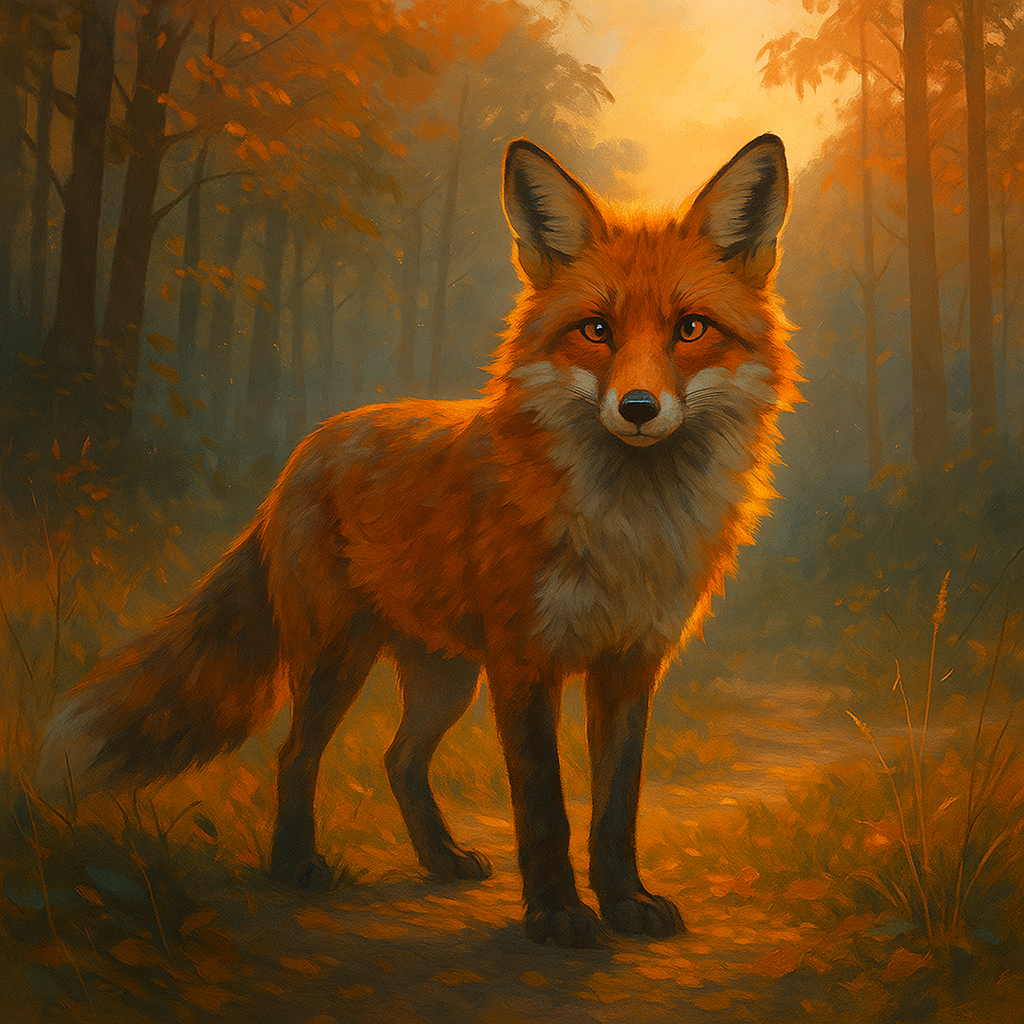 A vibrant fox standing in a forest clearing at dawn, symbolizing the ENTP personality’s curiosity, cleverness, and adaptability.