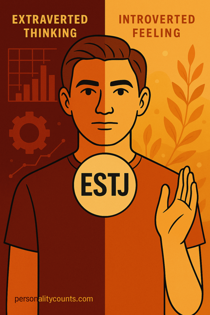 Split illustration of an ESTJ personality, with Extraverted Thinking shown in structured blue-gray tones with gears and charts on the left, and Introverted Feeling shown in warm orange tones with softer, value-centered imagery on the right.