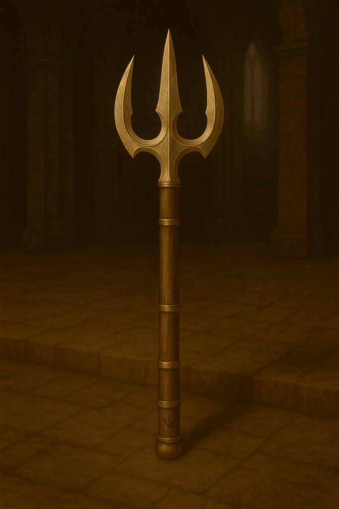 Ancient trident symbolizing Extraverted Intuition (Ne), with three steel prongs, bronze reinforcements, and a small engraved “Ne,” standing in a stone hall.
