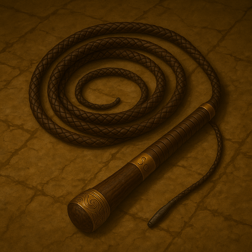 Ancient chain-whip symbolizing Extraverted Sensing (Se), coiled on a stone floor with bronze-handled grip and subtle Se engraving, representing speed and unpredictability.