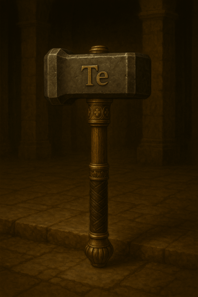 Ancient war hammer symbolizing Extraverted Thinking (Te), with a squared iron head and engraved shaft, representing order, authority, and efficiency.