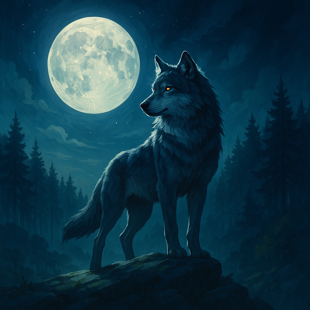 Lone wolf standing on a ridge under the full moon, symbolizing the INFJ personality’s intuition and quiet strength.