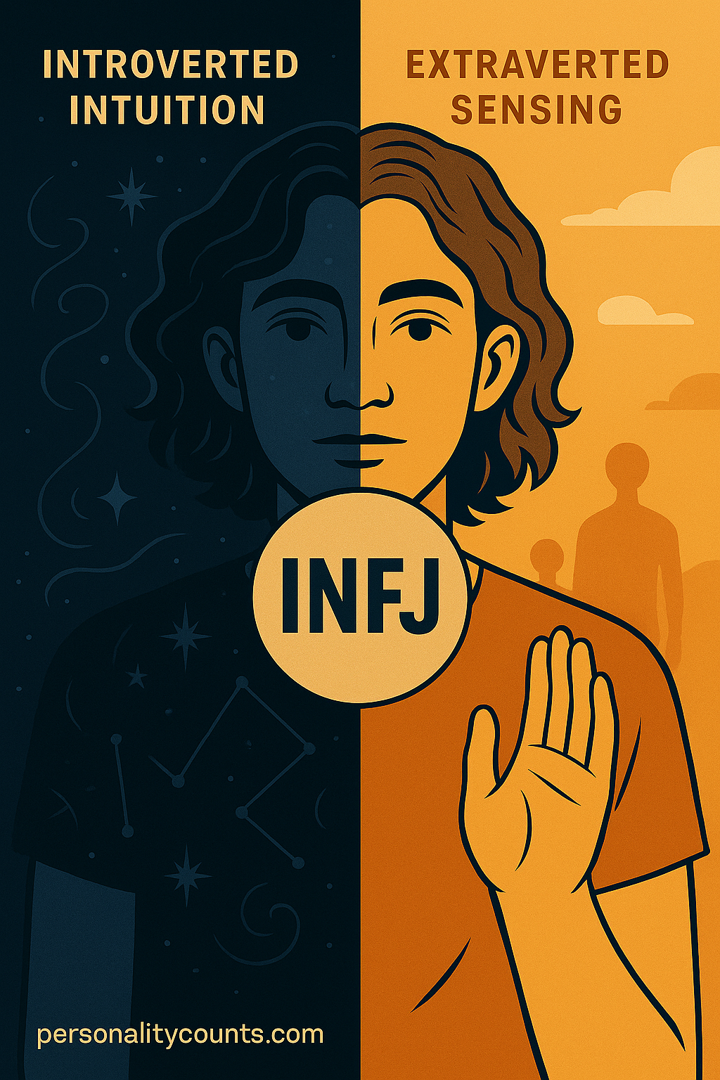 Illustration of an INFJ personality split between Introverted Intuition with cosmic blue patterns and Extraverted Sensing with warm golden imagery, unified by an INFJ circle in the center.