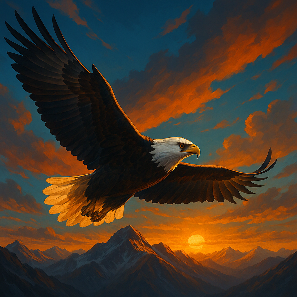 Majestic eagle soaring over mountains at sunrise, symbolizing the INTJ personality’s vision and strategy.