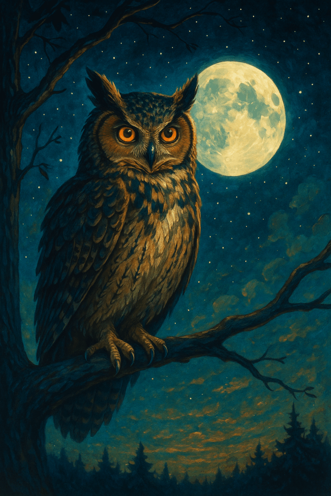 Wise owl perched on a tree branch under the moonlight, symbolizing the INTP personality’s curiosity and quiet wisdom.