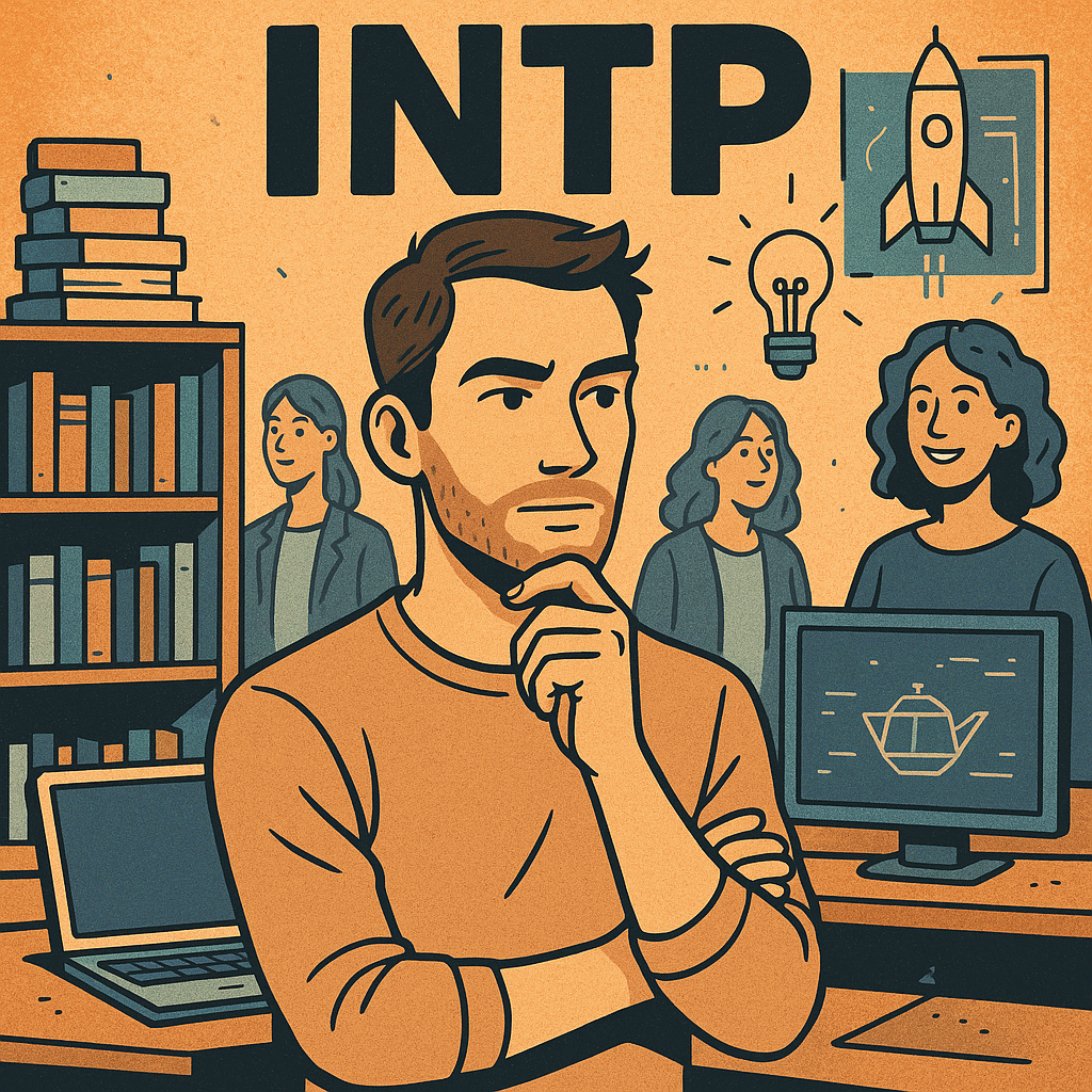INTP man in a thoughtful pose with women in the background brainstorming, surrounded by books, computer screens, and futuristic inventions.