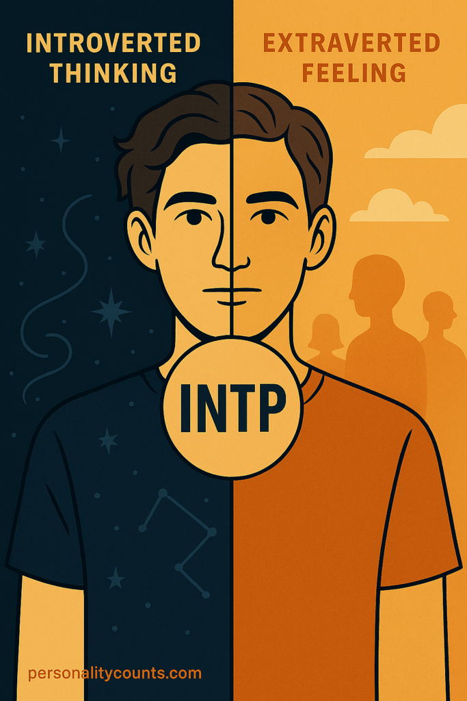 Illustration of an INTP personality split between logical Ti analysis and warm Fe connection, symbolizing growth and balance.