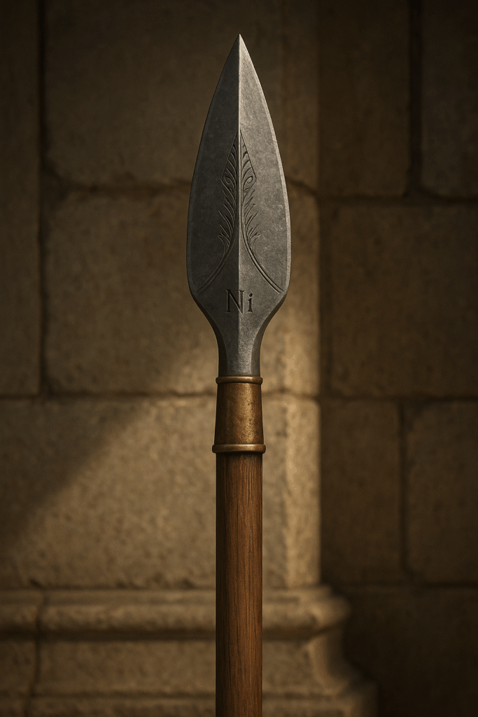 Ancient spear symbolizing Introverted Intuition (Ni), forged of wood and steel with engraved patterns, representing vision, focus, and foresight.