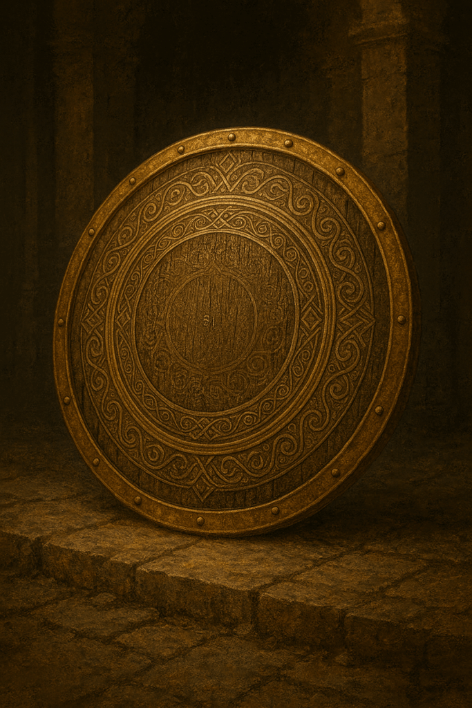 Ancient shield symbolizing Introverted Sensing (Si), engraved with patterns of memory and tradition, glowing softly with earthy golden light.