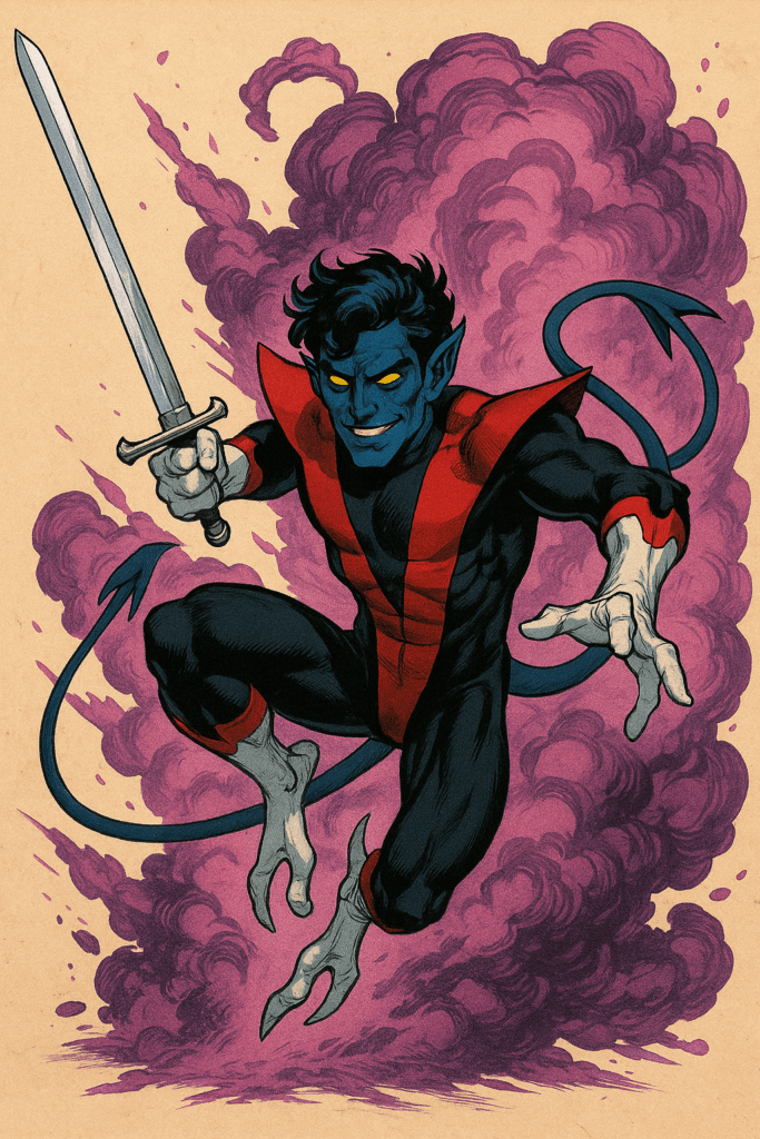 Nightcrawler, the blue-skinned mutant with glowing yellow eyes, teleporting through purple smoke while wielding a sword in mid-leap.