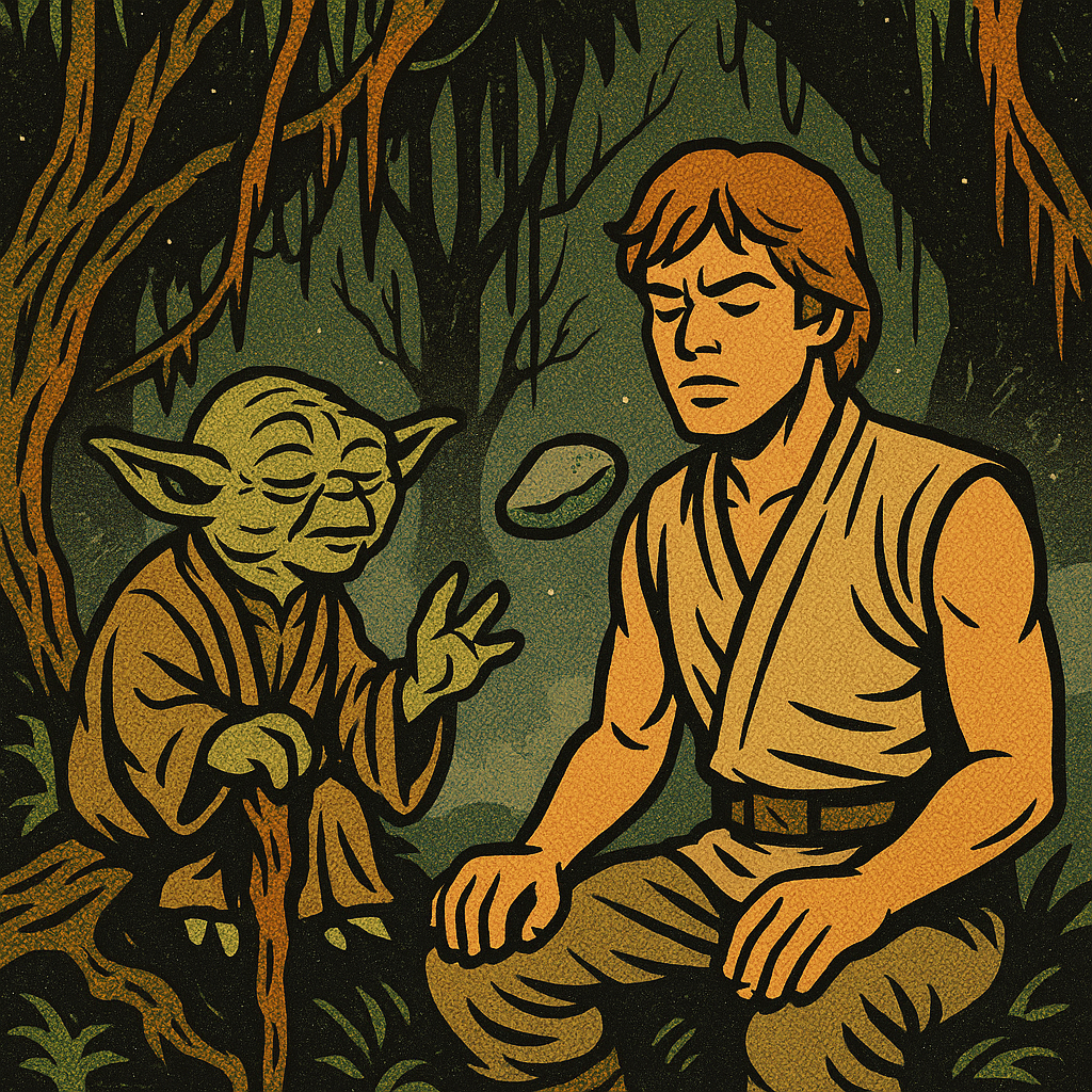 Yoda teaching a young apprentice Luke Skywalker in a misty swamp forest, with a floating stone symbolizing the Force.