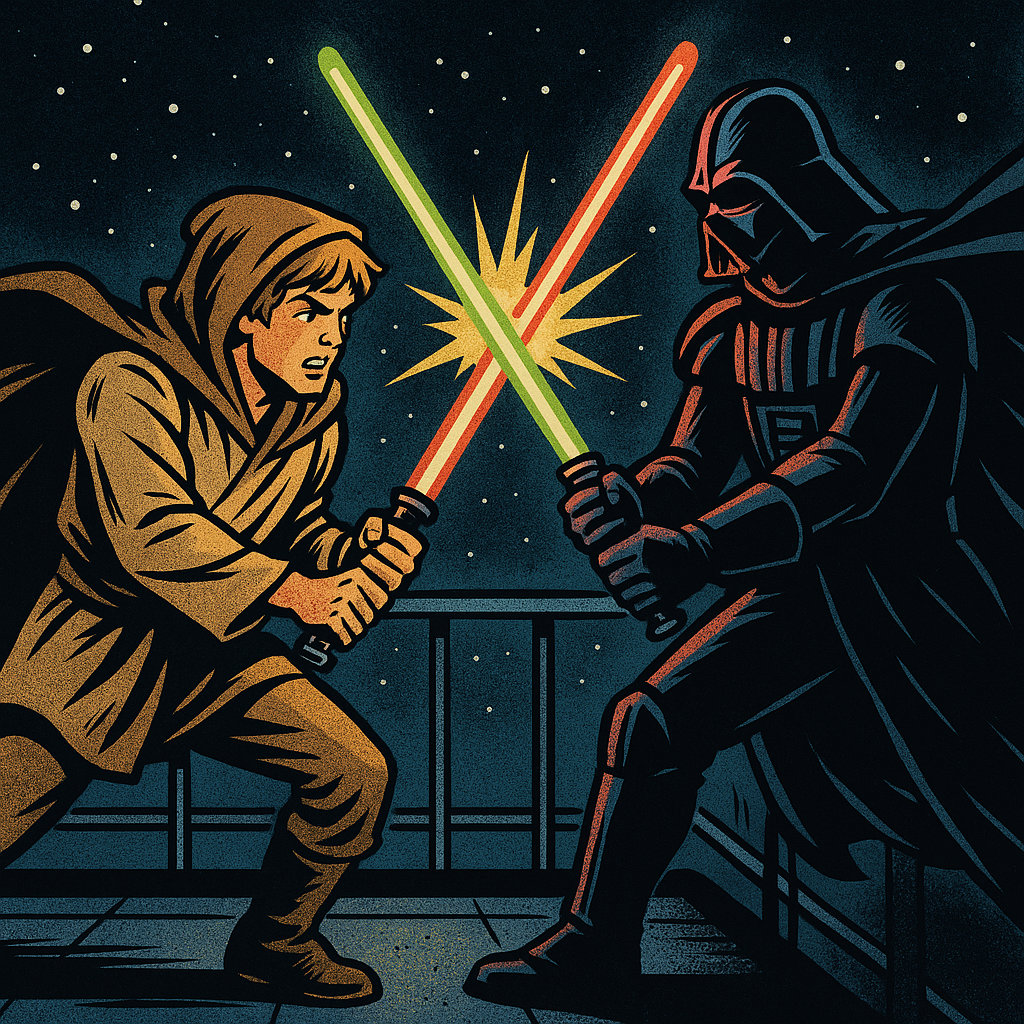 Luke Skywalker, the INFP Jedi, clashing with Darth Vader, the INTJ Sith Lord, their green and red lightsabers crossing in a dramatic duel.