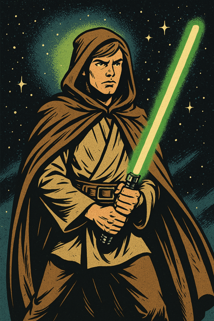 Luke Skywalker in a hooded robe holding a glowing green sword against a starry background.