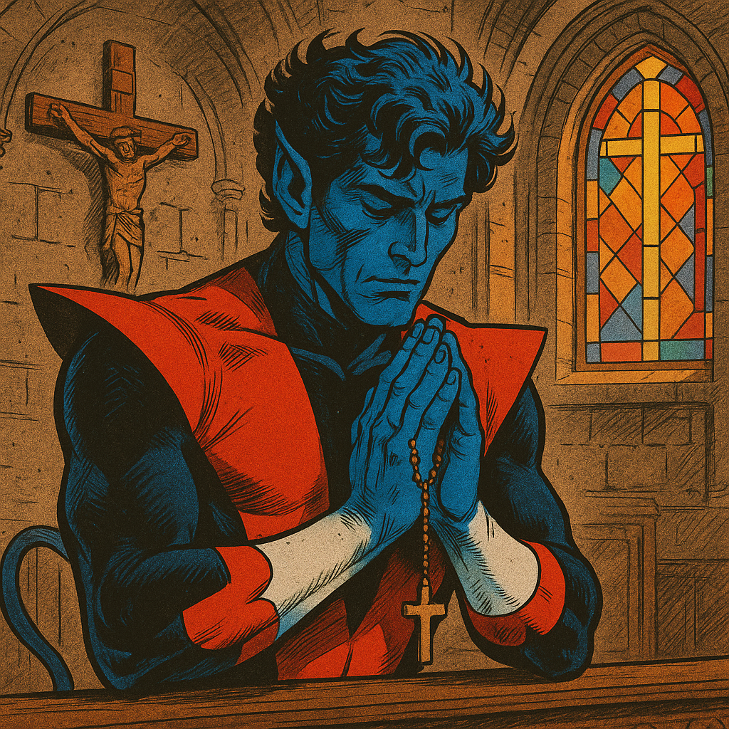 Nightcrawler kneeling in prayer inside a cathedral, holding a rosary with a crucifix as stained glass light shines across his blue skin.