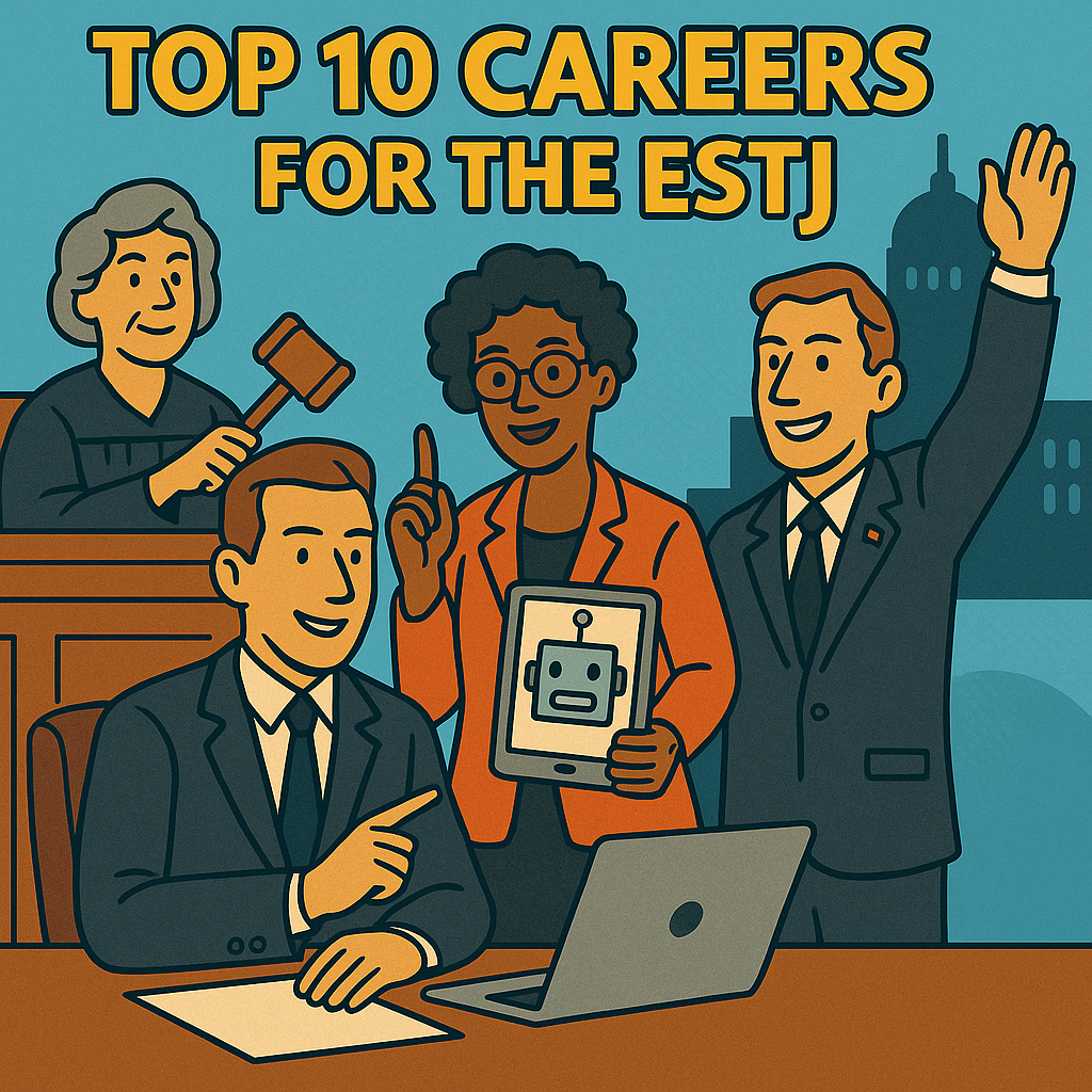 ESTJ professionals including a business executive, judge, IT director managing AI systems, and politician, representing structured and tech-driven careers