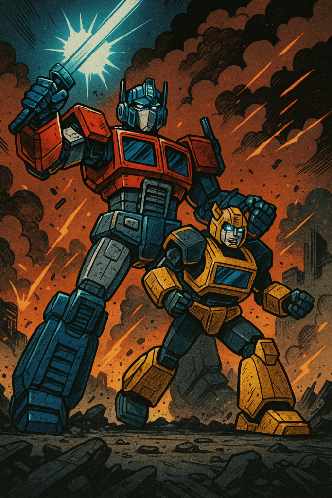 Optimus Prime as an ENFJ leader fights beside Bumblebee the ENFP in a smoky battlefield, showcasing vision, courage, and dynamic teamwork.