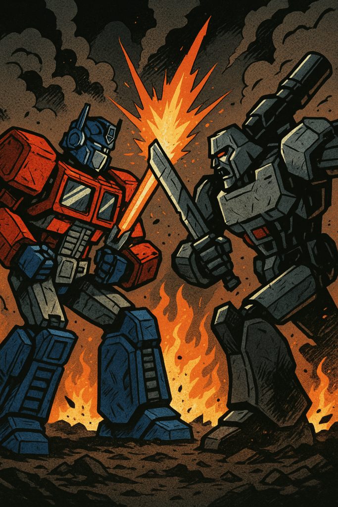 Optimus Prime as an ENFJ hero battles Megatron the ENTJ in a fiery battlefield, symbolizing their clash of vision, power, and leadership.