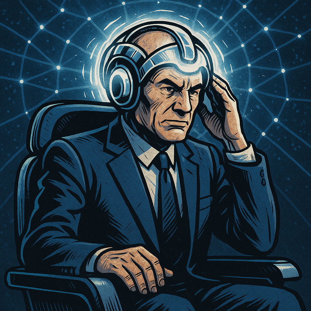 Professor X wearing a futuristic helmet, seated in a high-tech chair as glowing energy waves radiate outward, symbolizing his vast psychic connection.