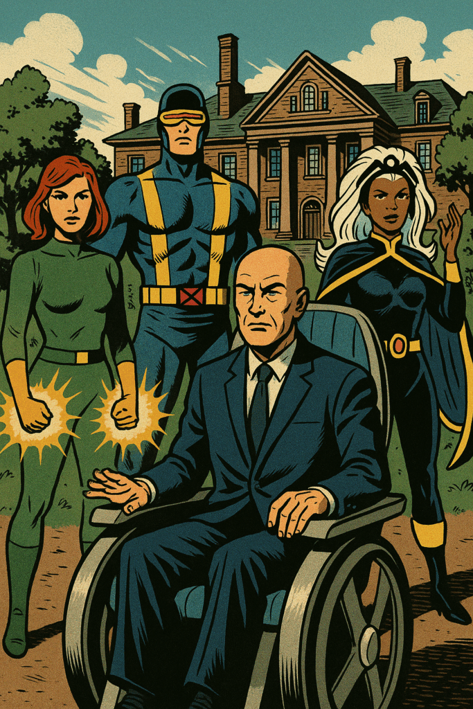 Professor X in front of a grand mansion with young mutant heroes at his side, symbolizing Xavier’s School for Gifted Youngsters.