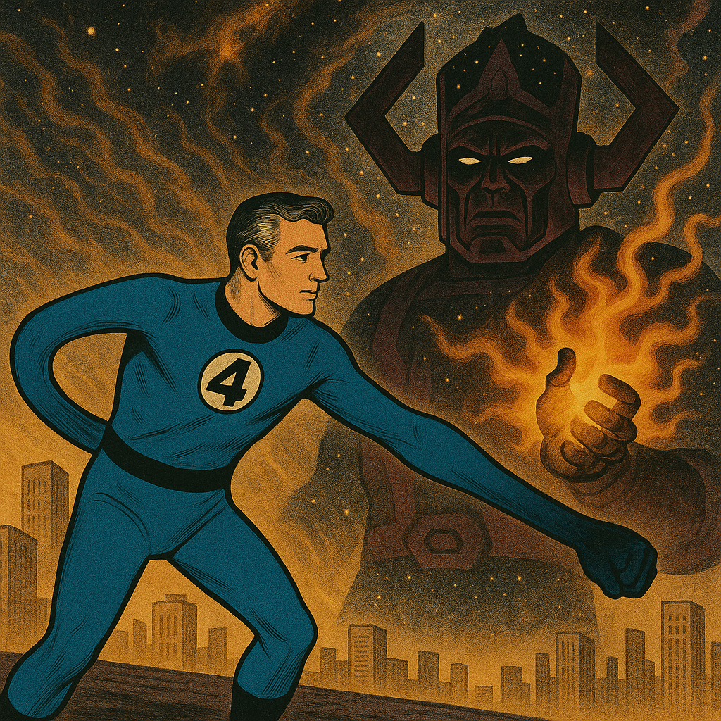 Reed Richards as Mr. Fantastic in his blue suit with a “4” emblem, stretching his elastic arms during a cosmic battle, symbolizing his INTP personality.