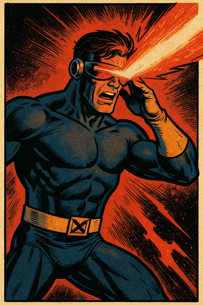Scott Summers as Cyclops, wearing his blue and gold X-Men suit, firing a powerful red optic blast from his visor.