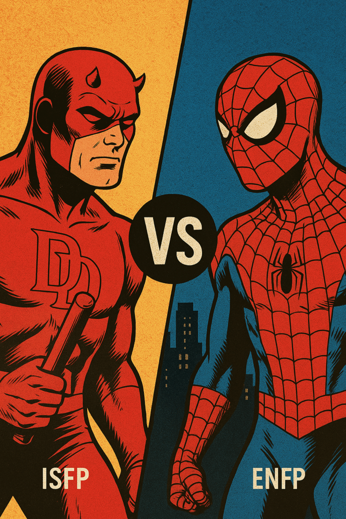 Spider-Man labeled ENFP facing Daredevil labeled ISFP in a comic-style versus design, symbolizing the clash between optimism and quiet determination.