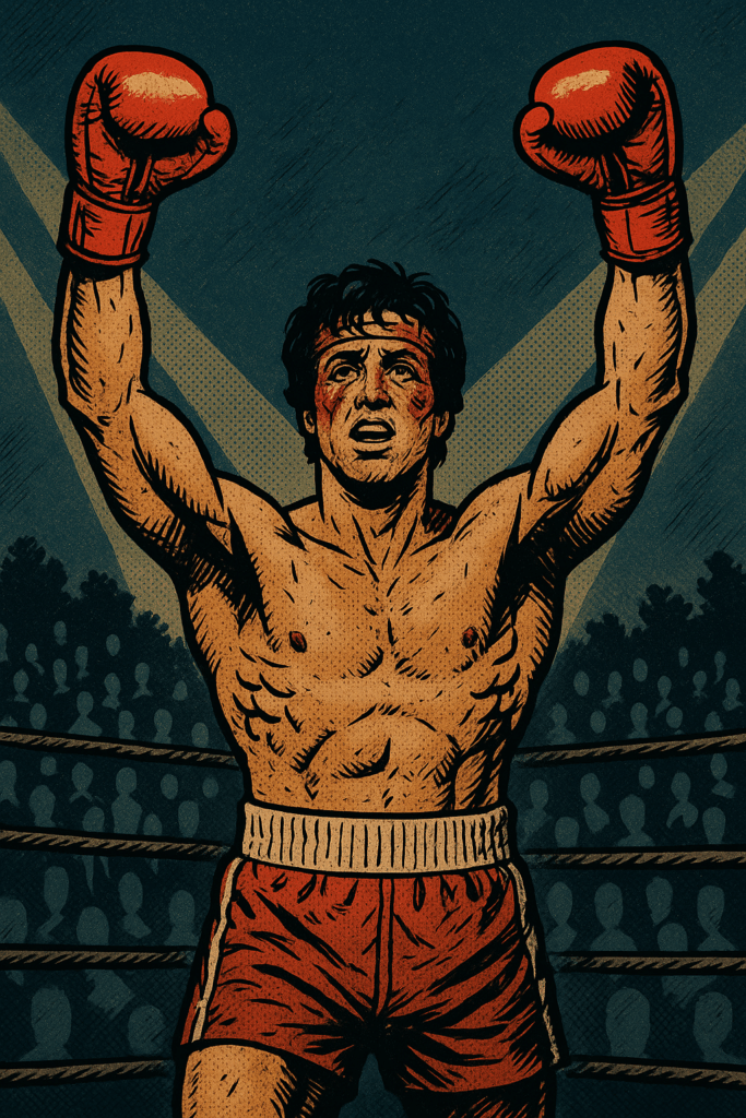Sylvester Stallone as Rocky Balboa in comic style, arms raised in victory, reflecting ISTP traits of logic, adaptability, vision, and heart.