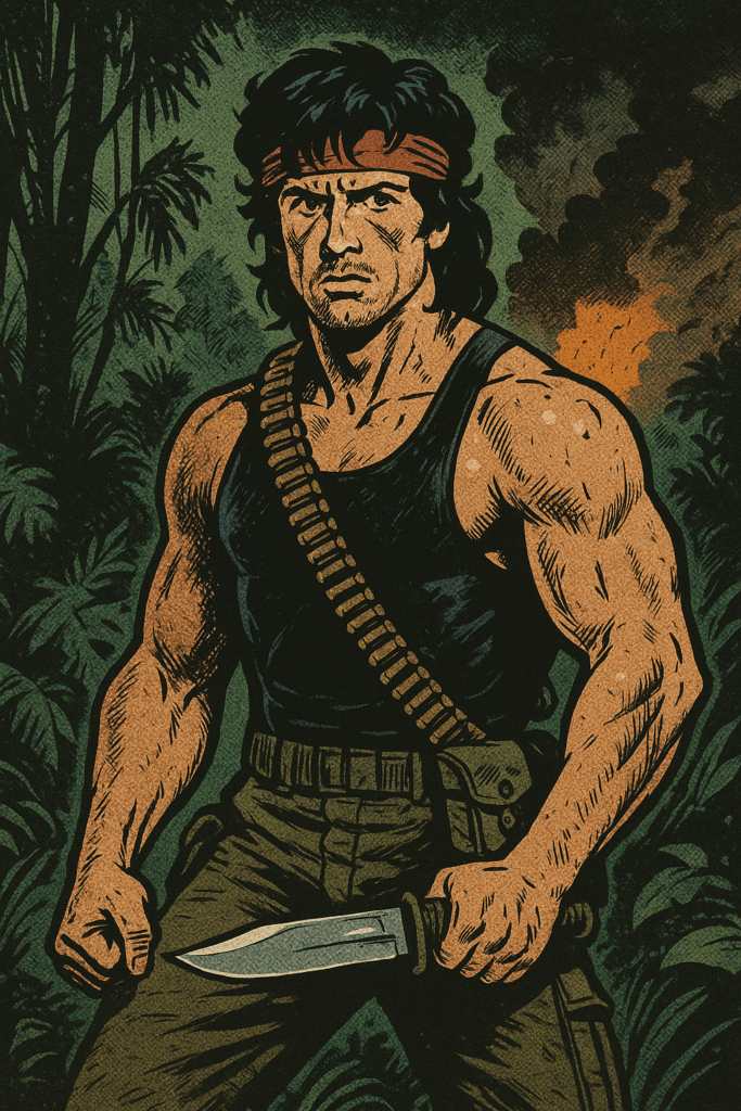Sylvester Stallone as a rugged jungle soldier with a bandana and survival knife, standing in a smoky battlefield with gritty determination.