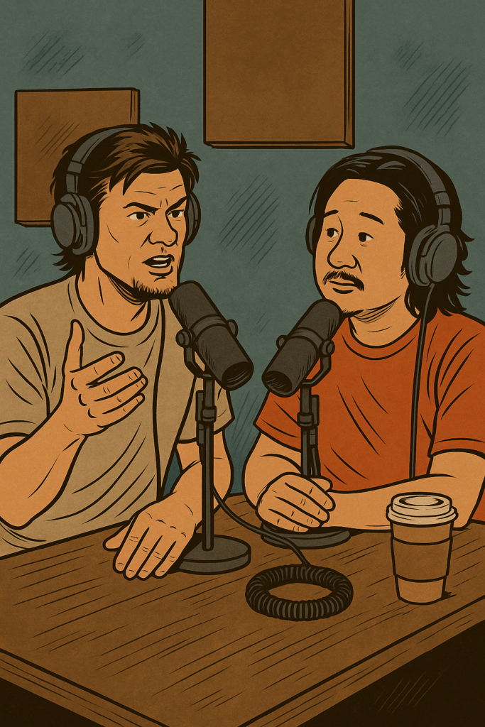 Theo Von and Bobby Lee recording a podcast together, both laughing and sharing animated ENFP energy.