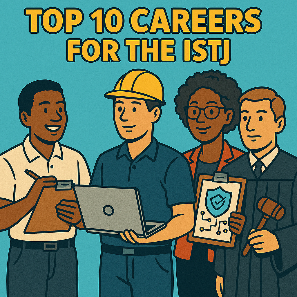 ISTJ professionals including an accountant, judge, IT systems administrator, and AI compliance officer, symbolizing structured and tech-driven careers