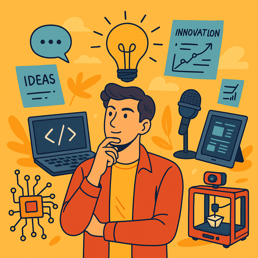 Illustration of an ENTP personality brainstorming with a laptop, microphone, lightbulb, sticky notes, and a 3D printer, symbolizing creativity, quick thinking, and technology-driven careers.