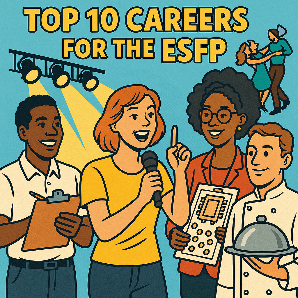 ESFP professionals collaborating and leading in a lively, colorful workplace