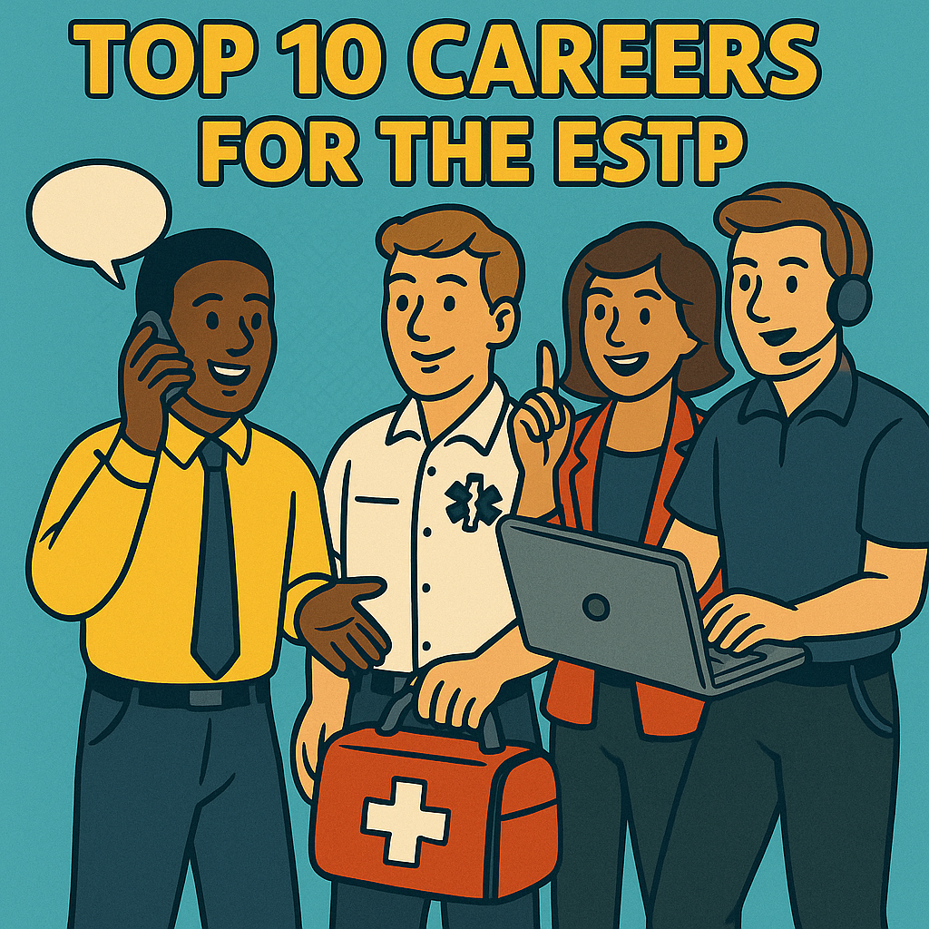 Comic-style illustration of ESTP professionals in action-driven careers like sales, emergency response, and IT troubleshooting