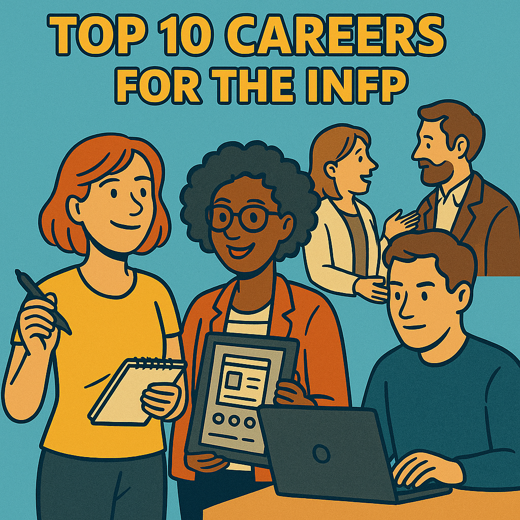 INFP professionals including a writer with a notepad, a UX designer with a tablet, a software developer at a laptop, and a counselor meeting with a client.
