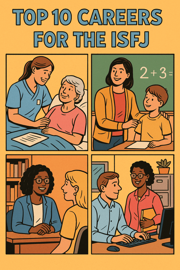 ISFJ professionals working in healthcare and education, symbolizing compassion and structure