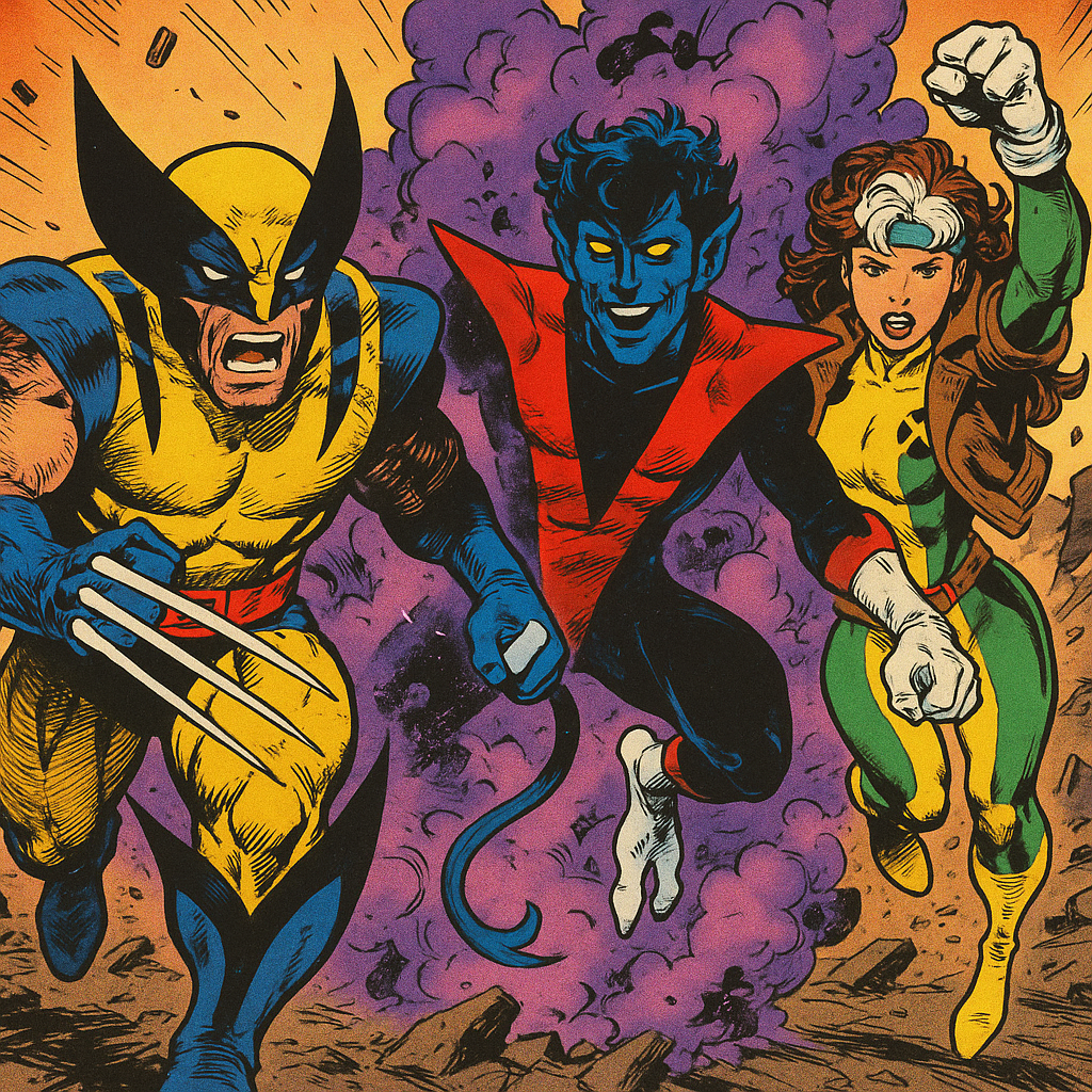 Nightcrawler teleporting with purple smoke, Wolverine charging with claws extended, and Rogue flying above with fists ready for battle.